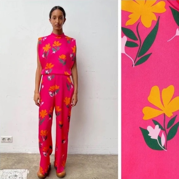 NWT. Zara Pink Satin Effect Flowers Print Sleeveless Jumpsuit. Size XS - Picture 9 of 14